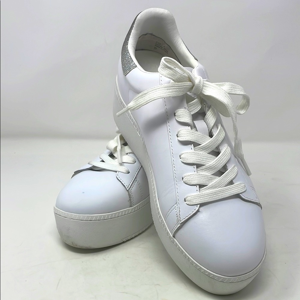 ASH White Leather Silver Glitter Platform Lace-Up Sneakers Size 8.5